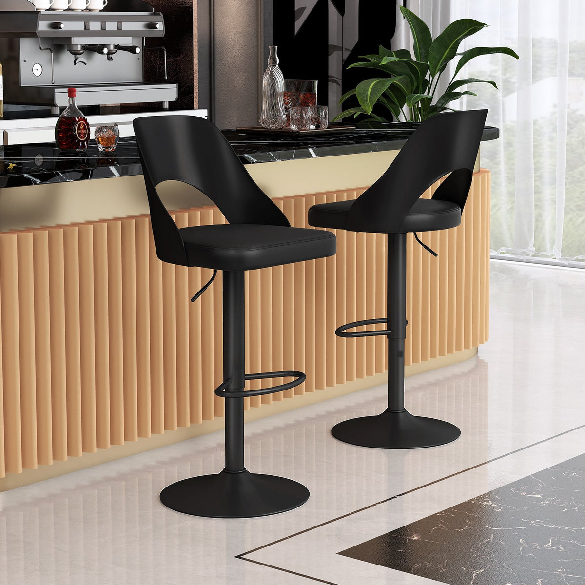 Bar Stools Set of 2 with Enlarged PU Leather Seat and Footrest