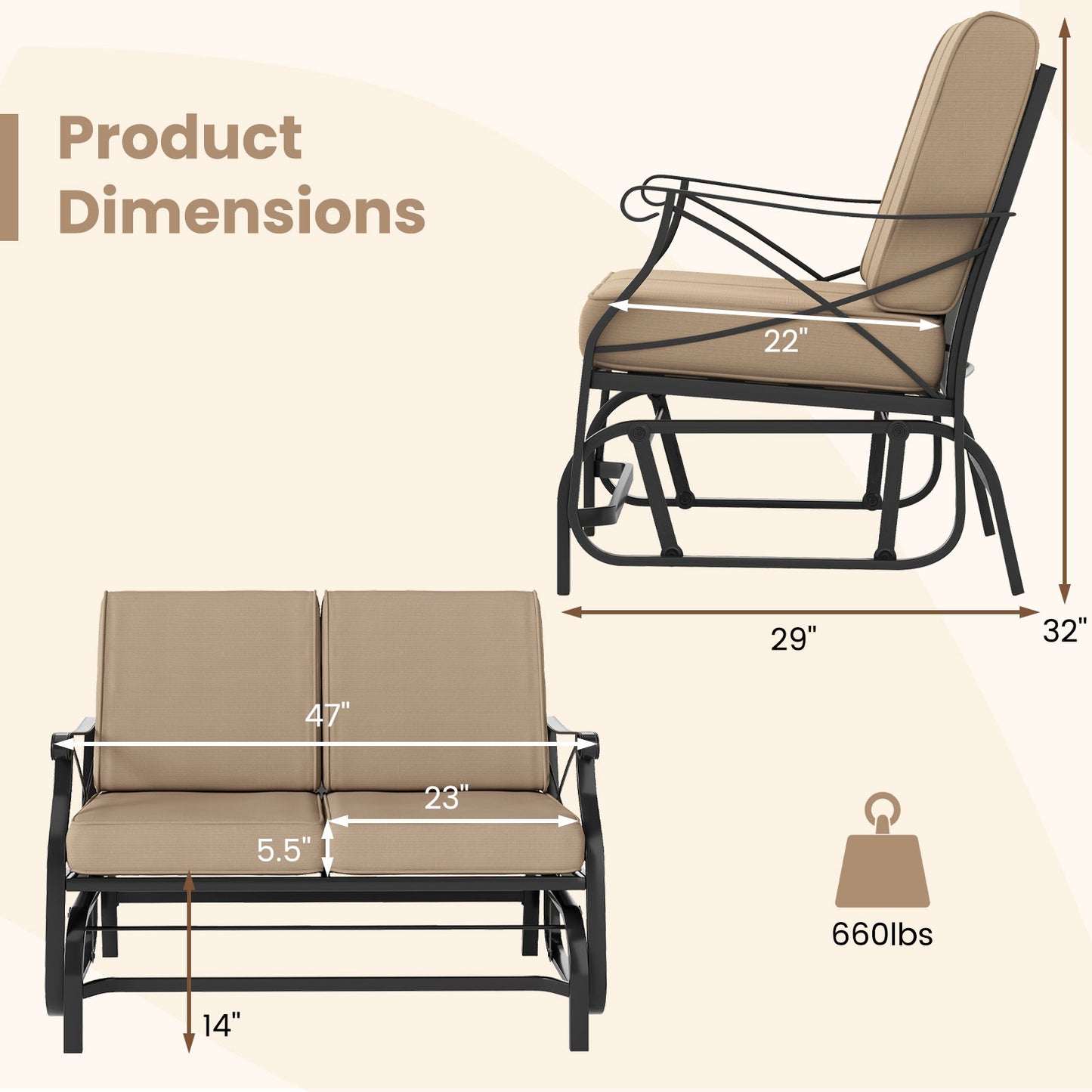 2-Person Glider Loveseat with Cushions for Outdoor Patio
