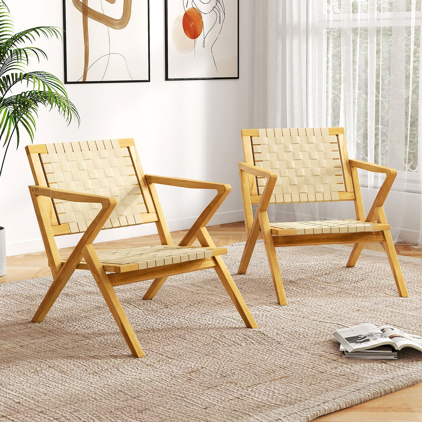 Teak Wood Patio Chair with Webbing Seat and Backrest