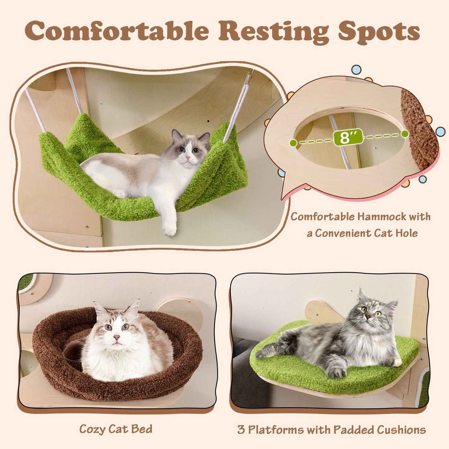 Wall-Mounted Cat Tower Cat Wall Shelves Furniture with Bed-Green