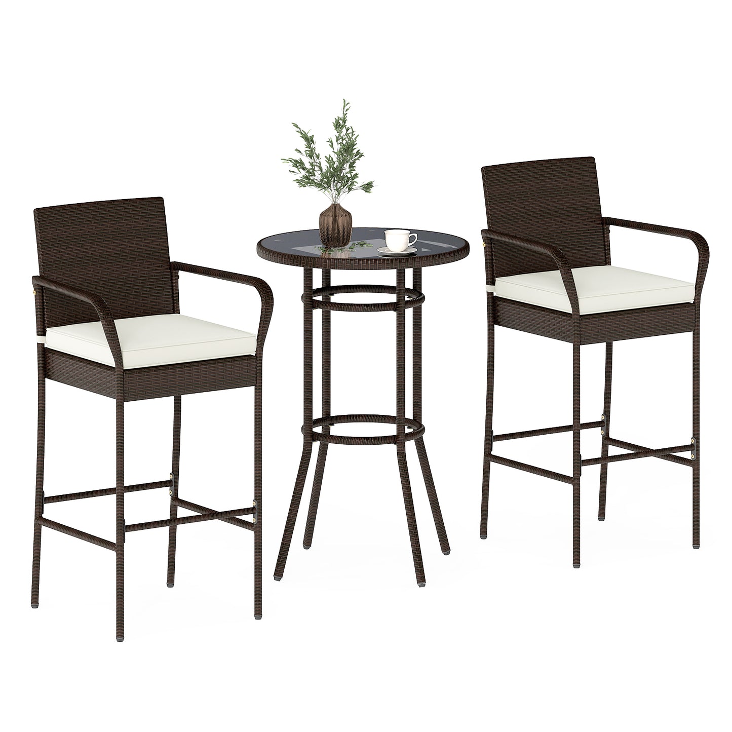 Rattan Bar Height Table and Chairs Set with Cushions