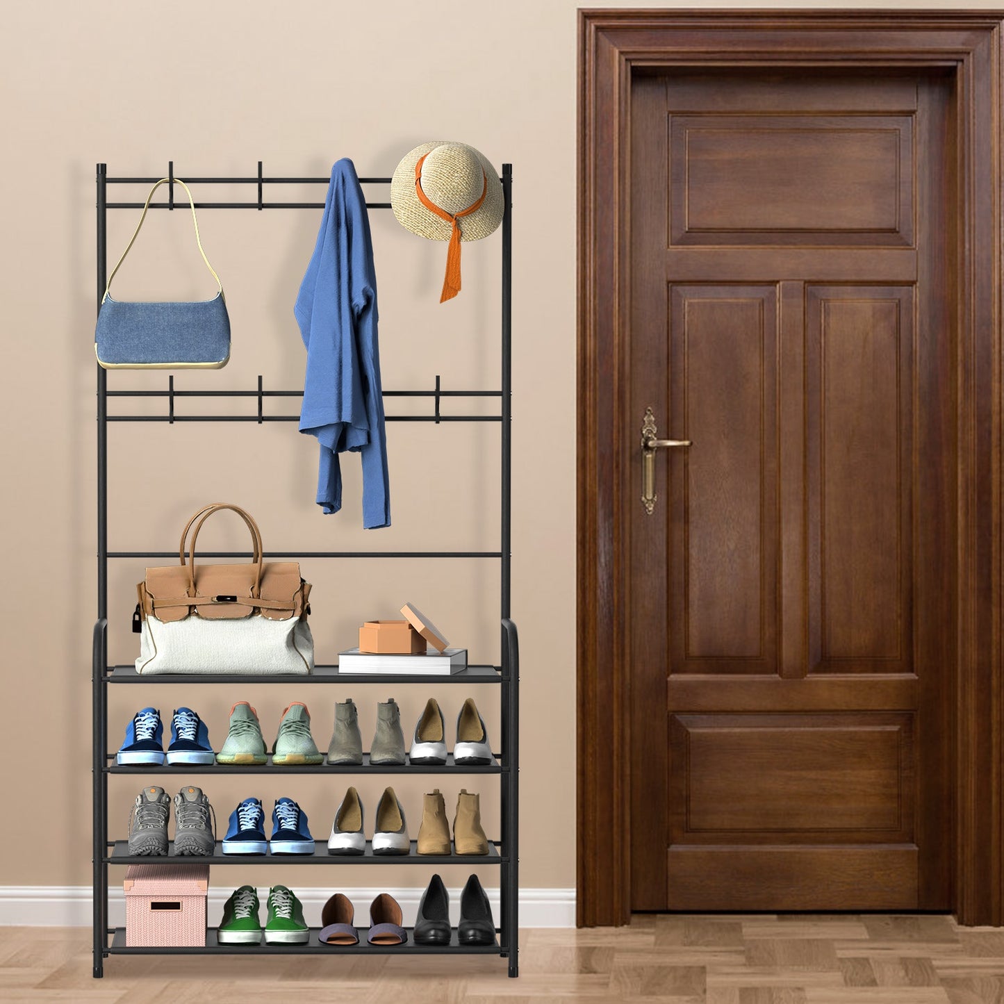 Entryway Coat Rack with 4-Tier Shoe Storage Shelf