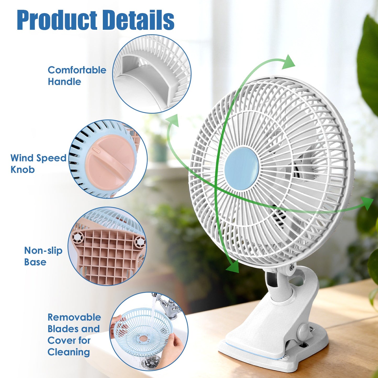8.66" Clip-On Fan with 90° Oscillation & 2 Speed Settings