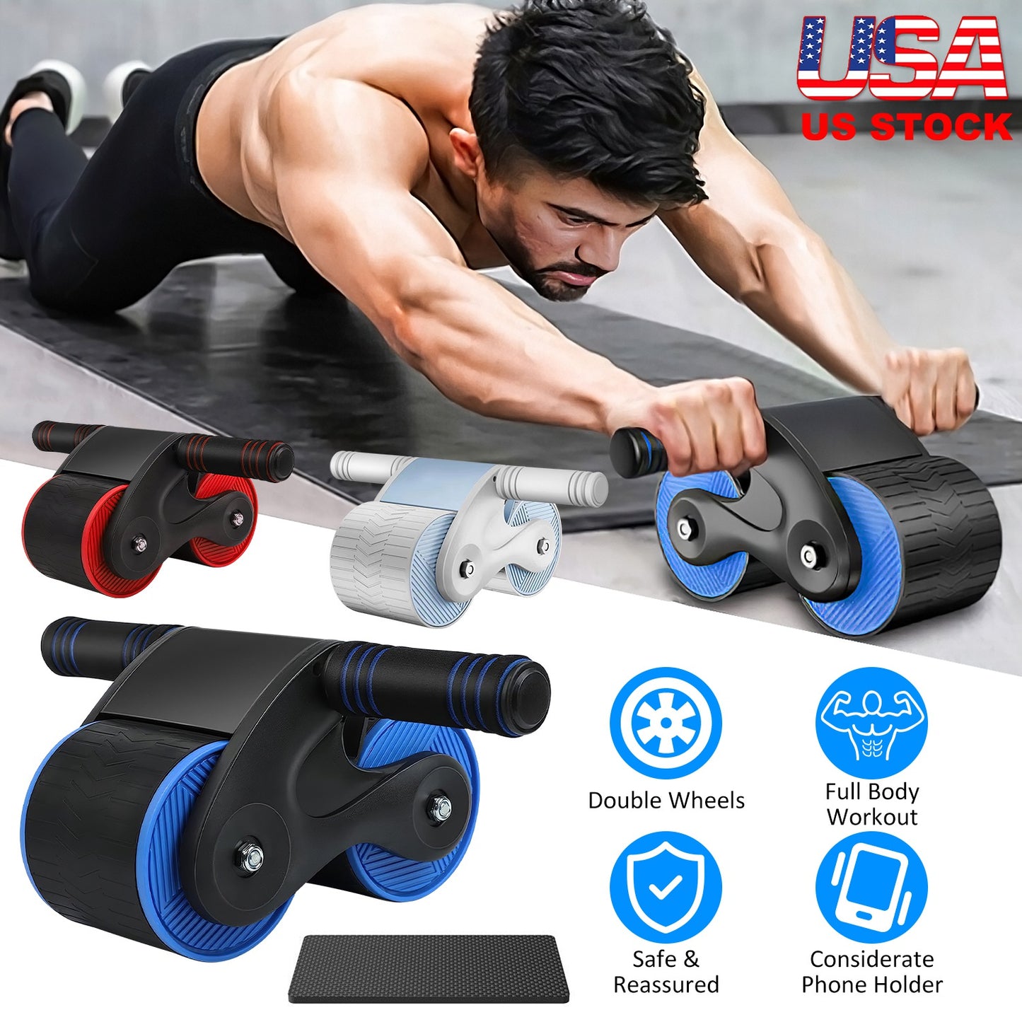 Automatic Rebound AB Roller Wheel with Kneel Pad & Phone Holder