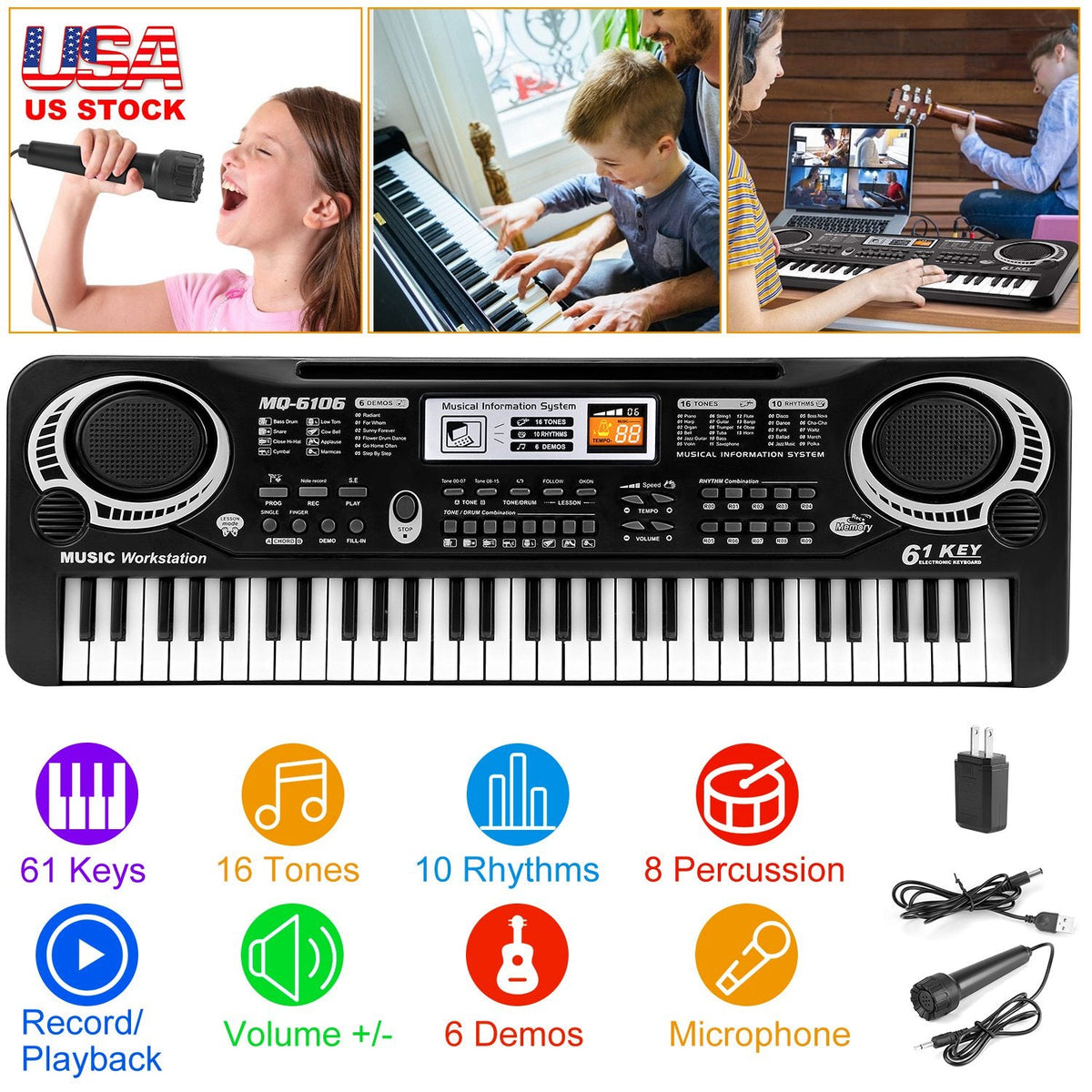 61 Keys Digital Music Electronic Keyboard Electric Piano Musical Instrument Kids Learning Keyboard w/ Microphone For Beginners Kids Girls Boys Adults