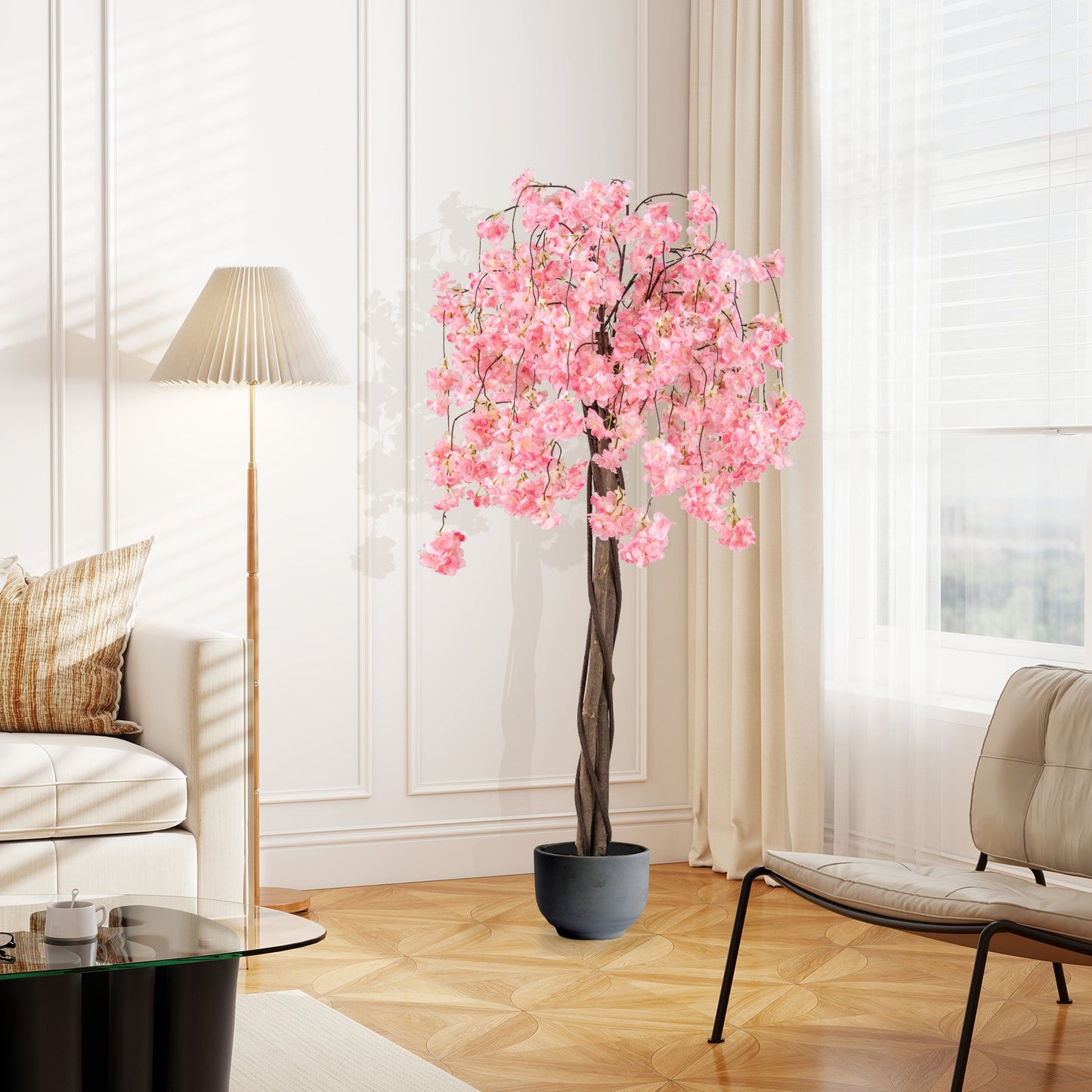 5.5 FT Tall Artificial Cherry Blossom Tree with Pink/White Flowers 2 Pack