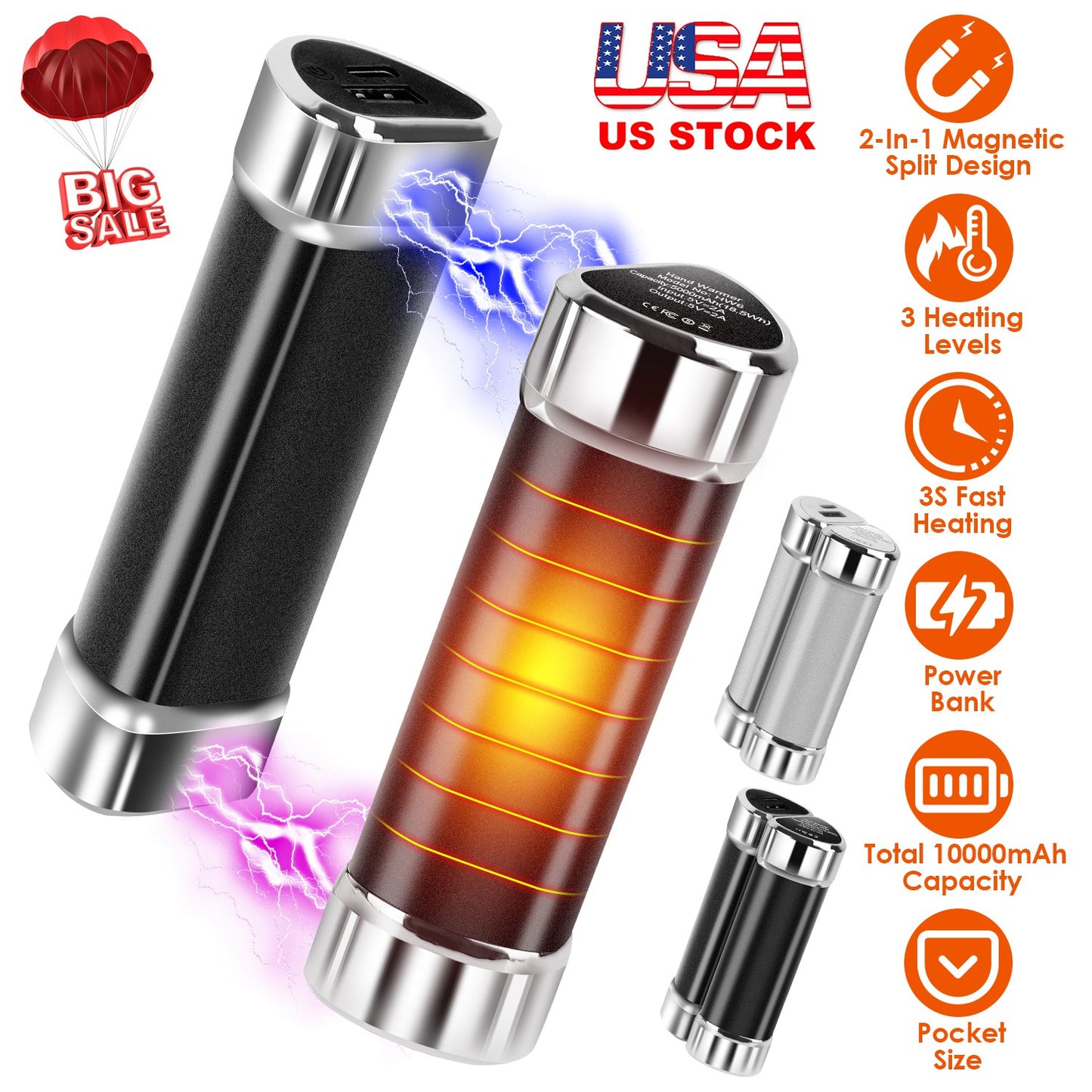 Magnetic Hand Warmers 2-Pack with 10000mAh Power Bank