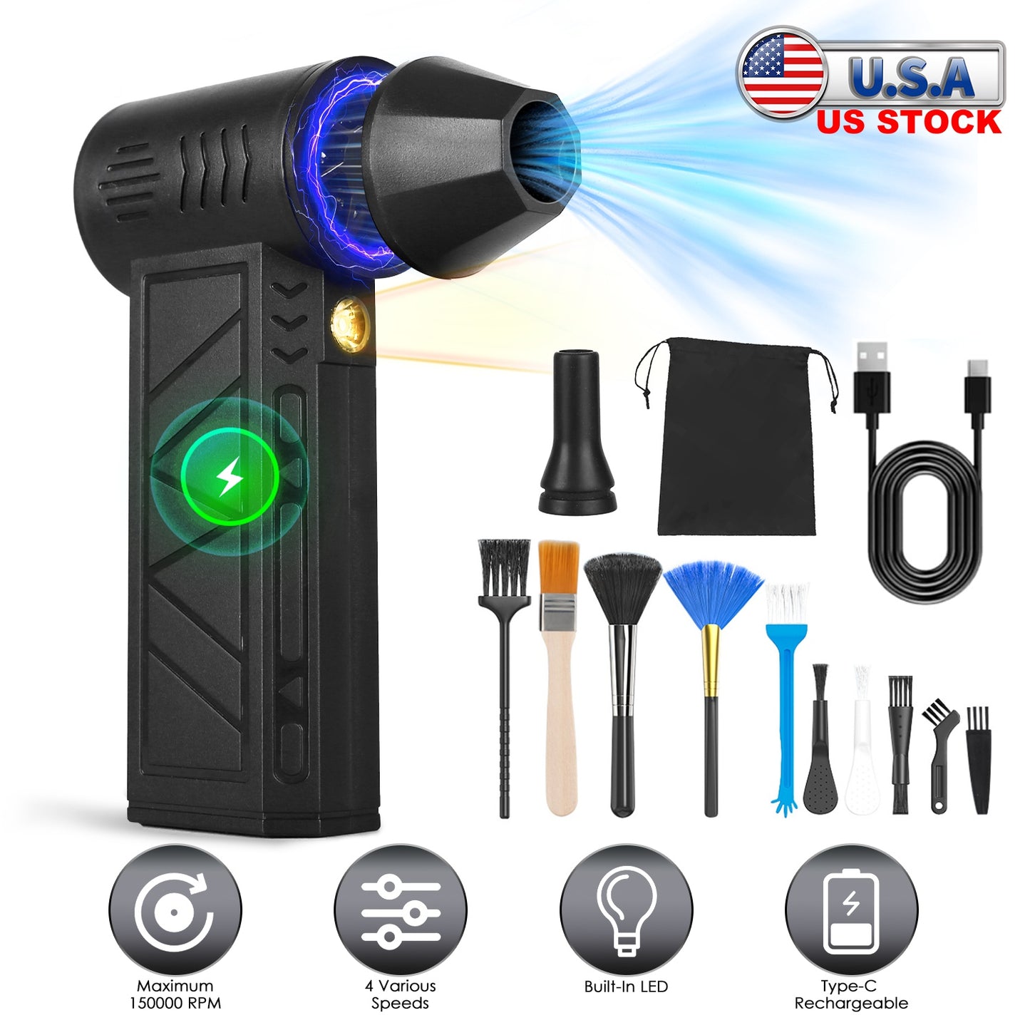 Compressed Air Duster with LED Light – 150000RPM Cordless