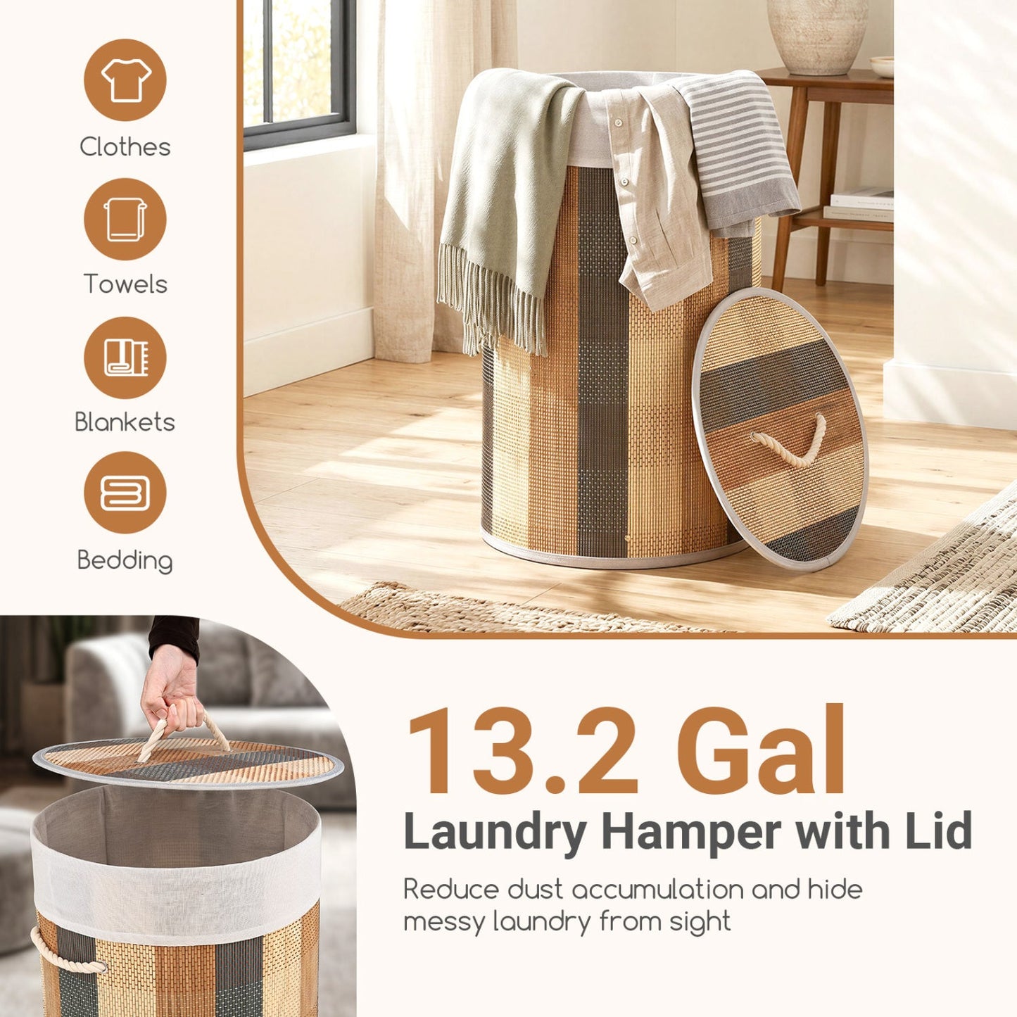 13.2 Gallon Bamboo Laundry Hamper with Removable Liner