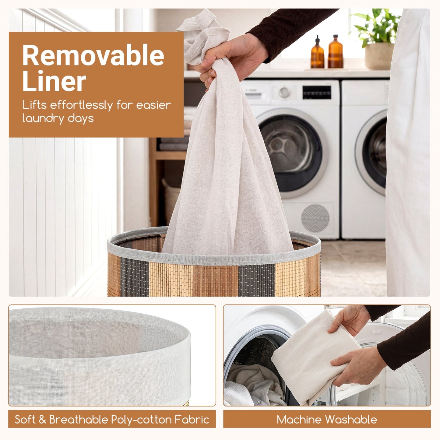 13.2 Gallon Bamboo Laundry Hamper with Removable Liner