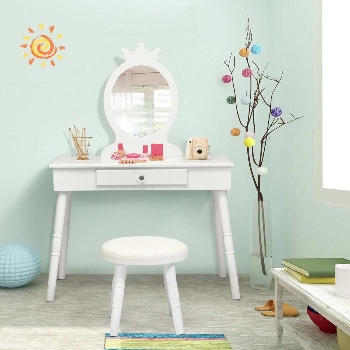 Kids Vanity Table and Chair Set with Mirror and Drawer