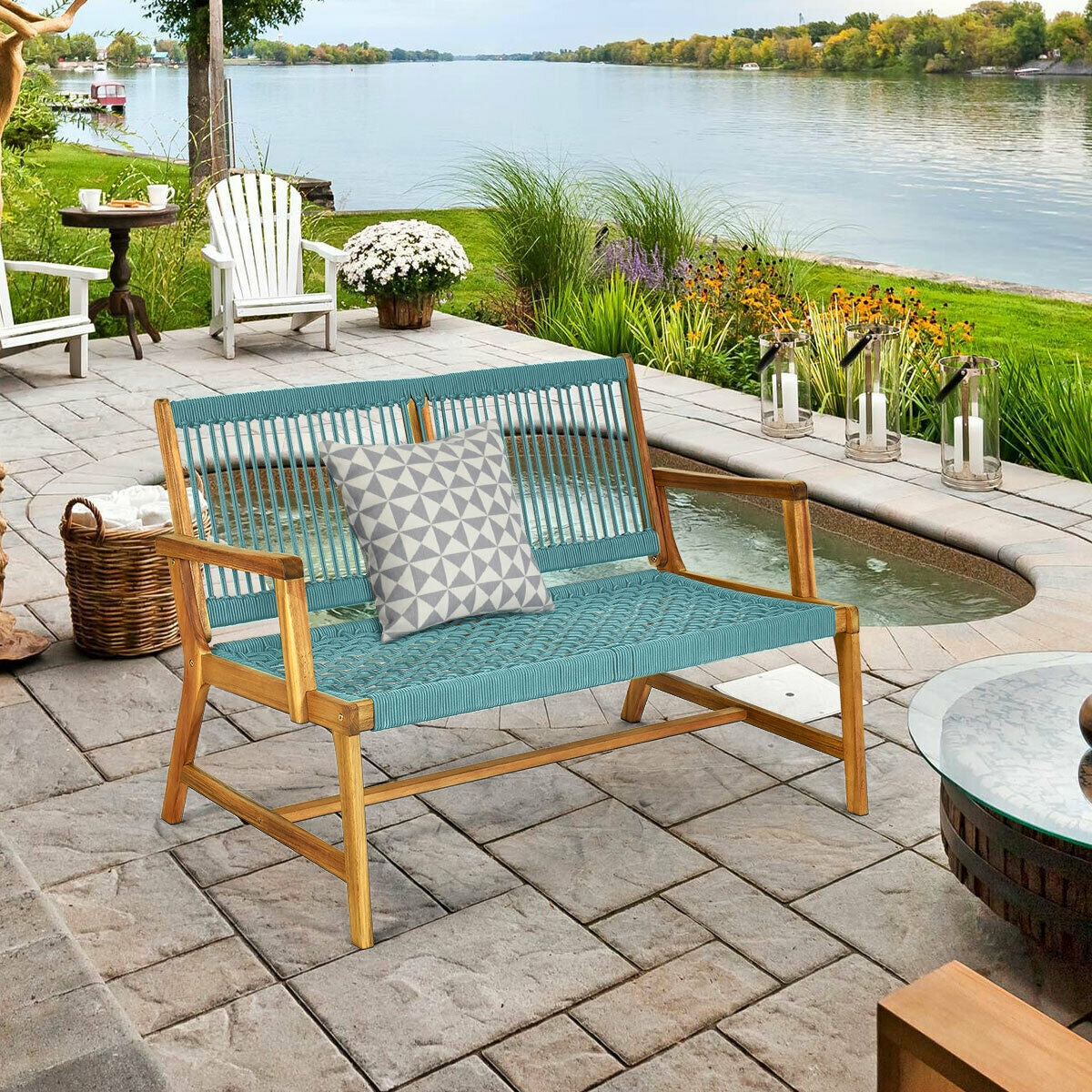 2-Person Acacia Wood Outdoor Bench with Rope Weave
