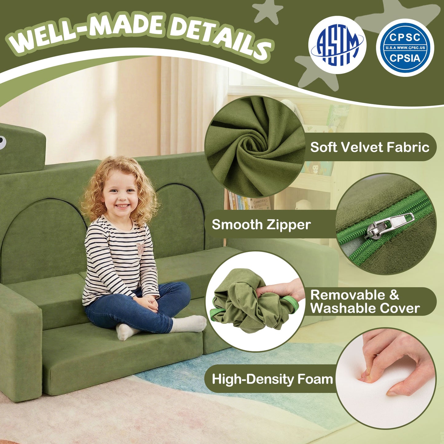 13-Piece Modular Kids Play Couch - Soft Velvet Foam Set