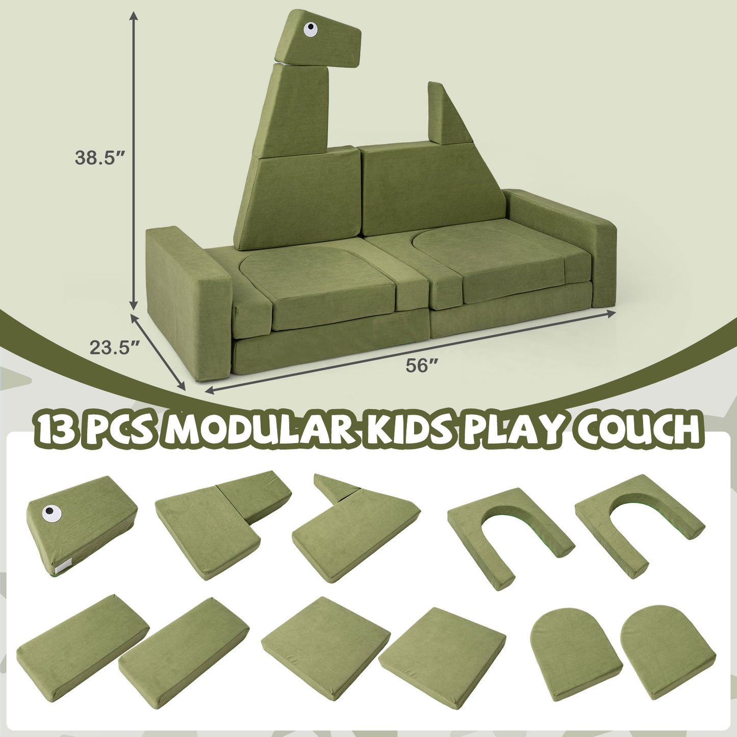 13-Piece Modular Kids Play Couch - Soft Velvet Foam Set