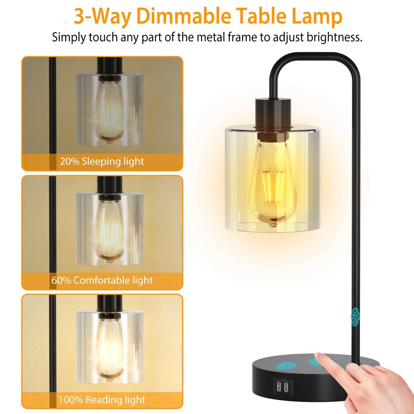 Touch Control Table Lamp with USB Ports & Dimmable Light