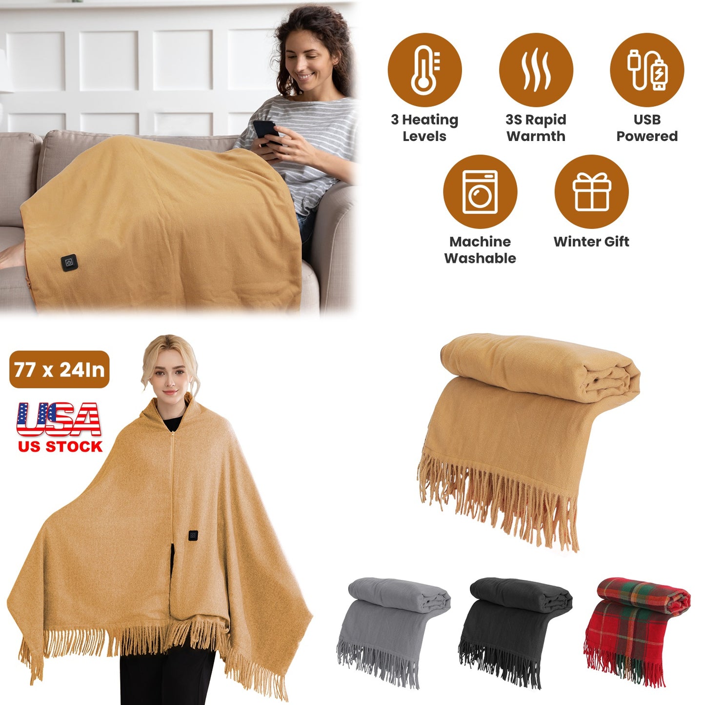 USB Heated Shawl with 3 Heat Levels and Zipper