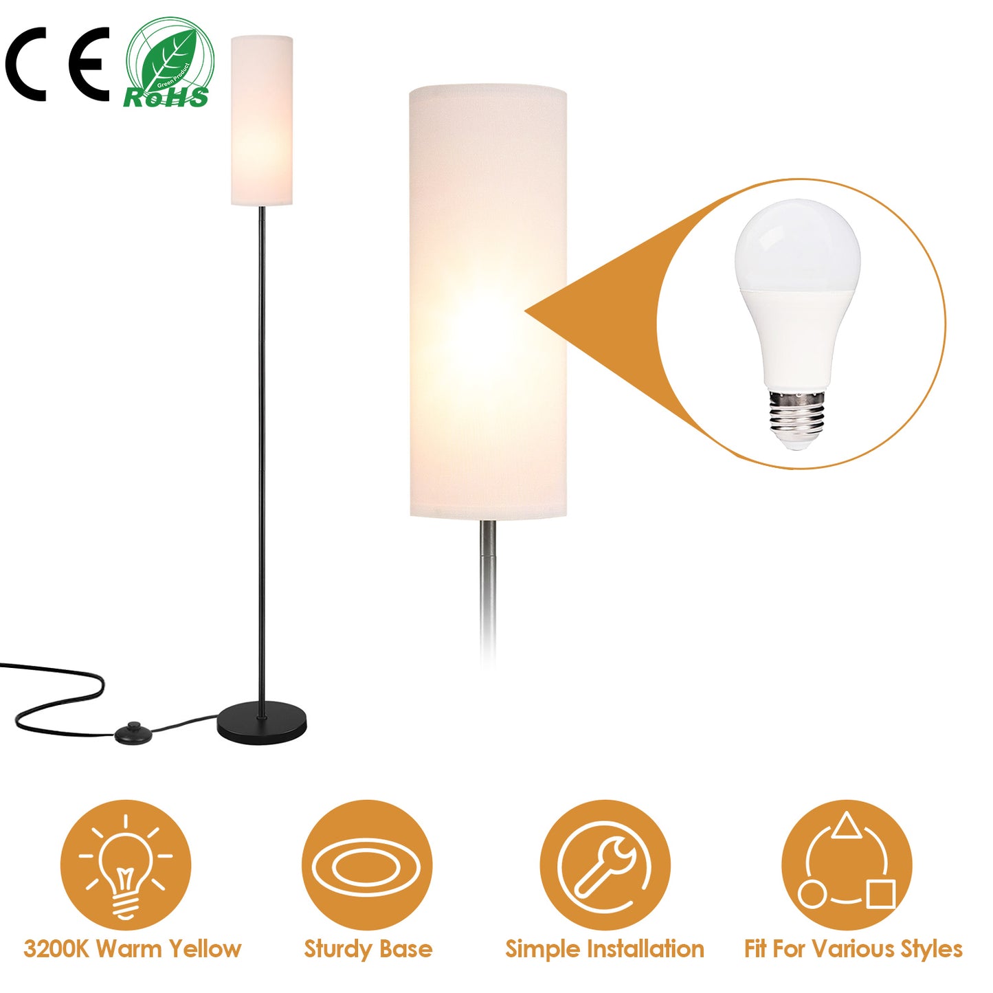 74.8" Floor Lamp with Fabric Shade - Warm Yellow Light