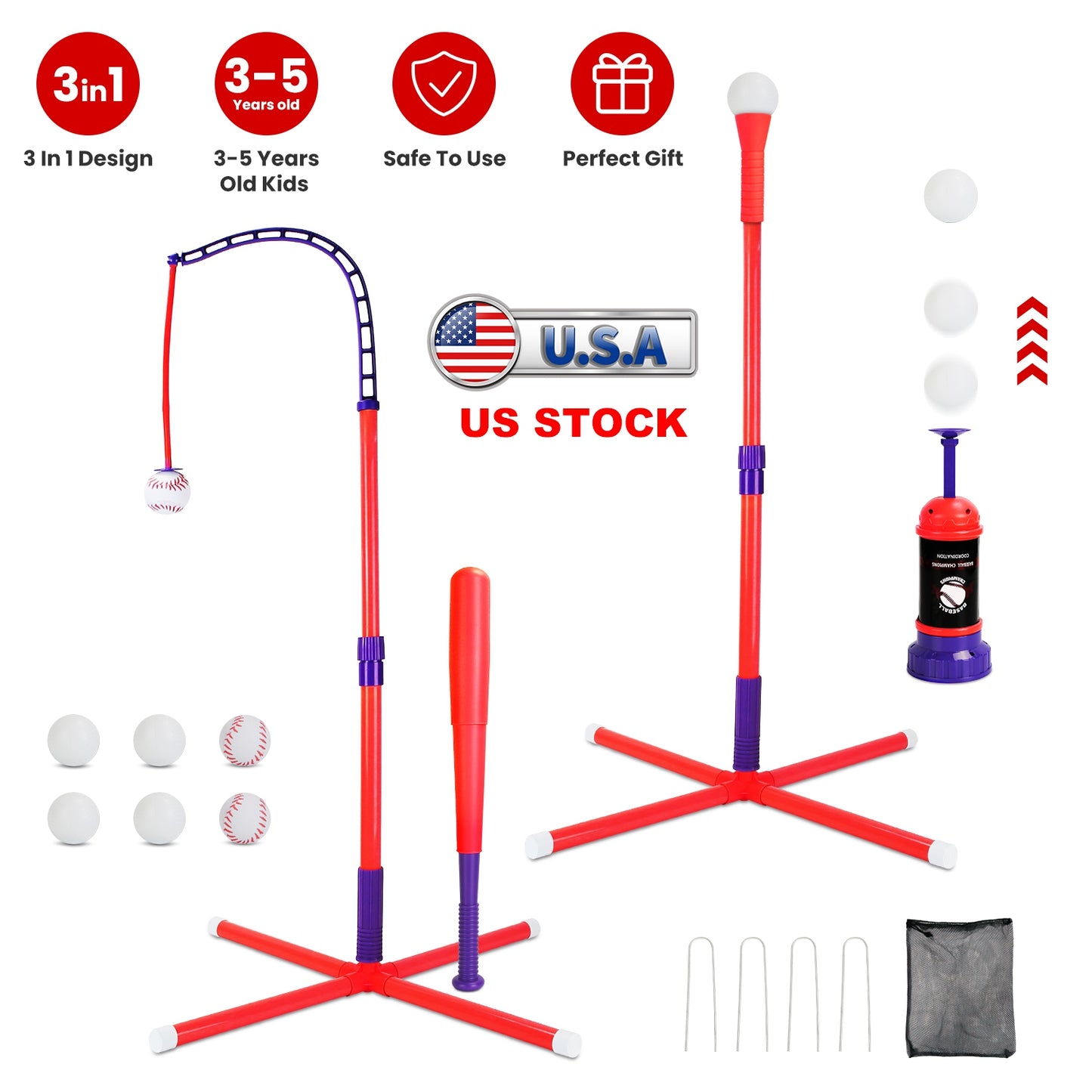3-in-1 Baseball Toy Set with Adjustable Tee & Launcher