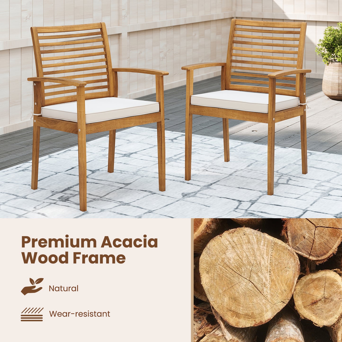 Acacia Wood Patio Dining Chairs Set of 2 with Cushions