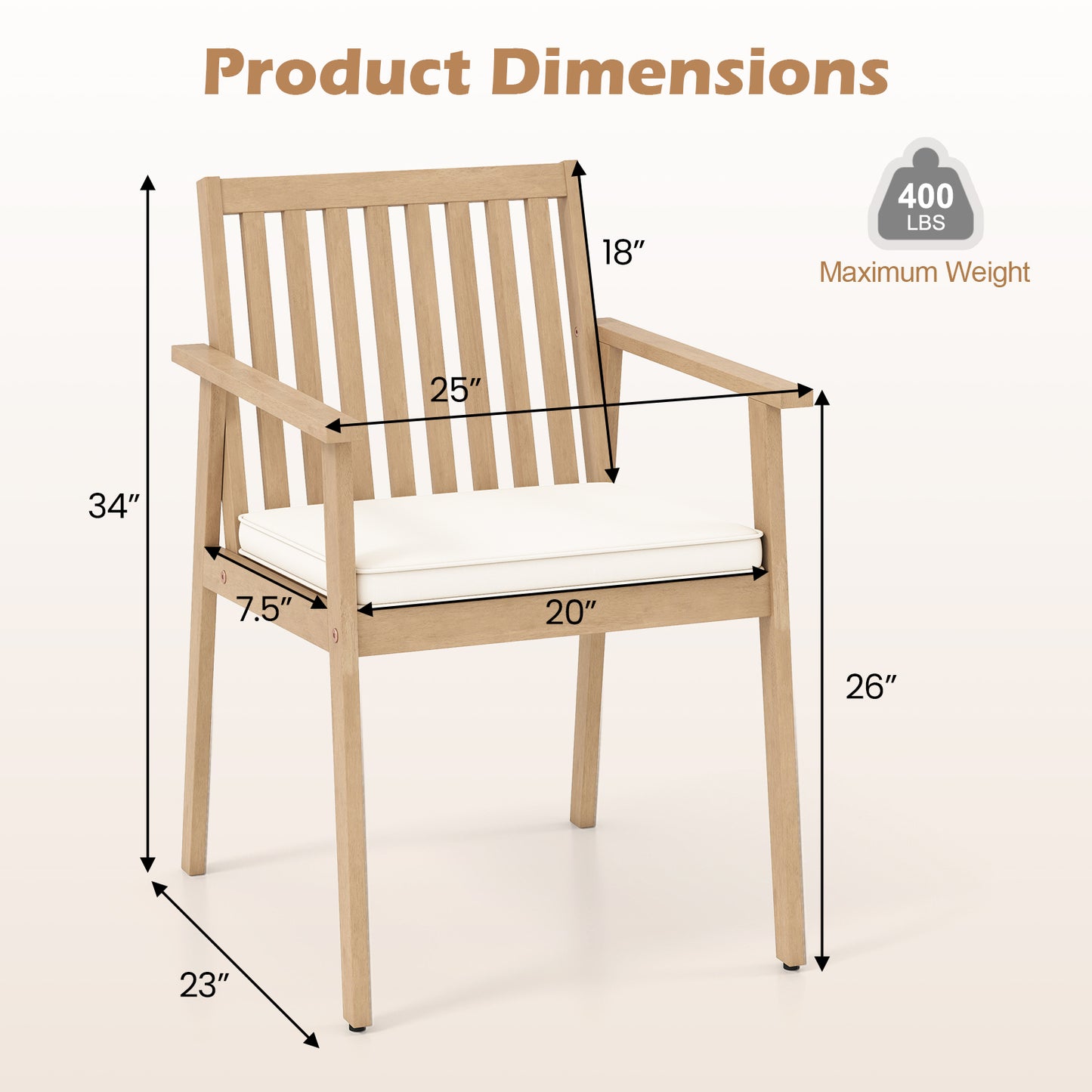 Acacia Wood Patio Dining Chairs with Removable Cushions (Set of 2)