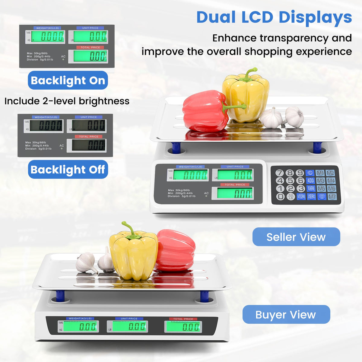 66lb Price Computing Scale Commercial Food Scale with Dual LCD Displays
