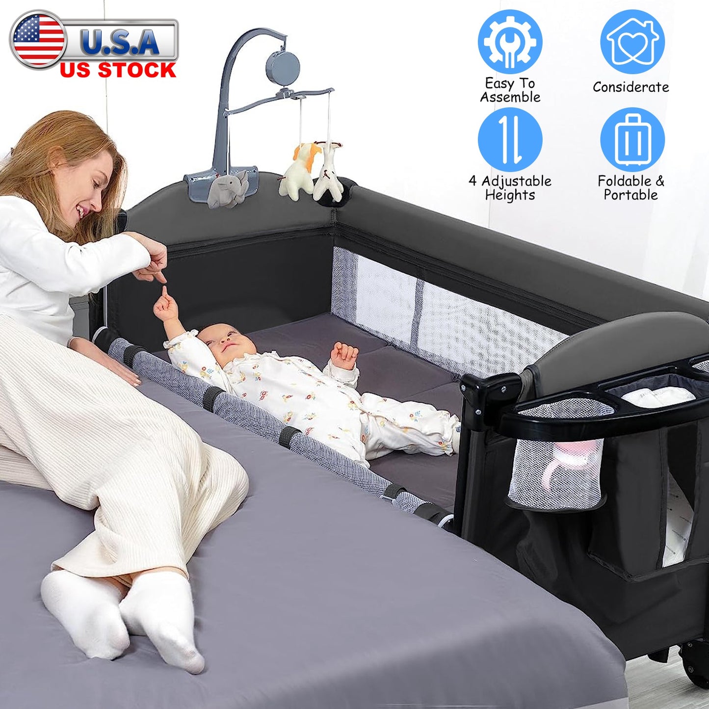 6-in-1 Foldable Baby Crib with Changing Table & Activity Center
