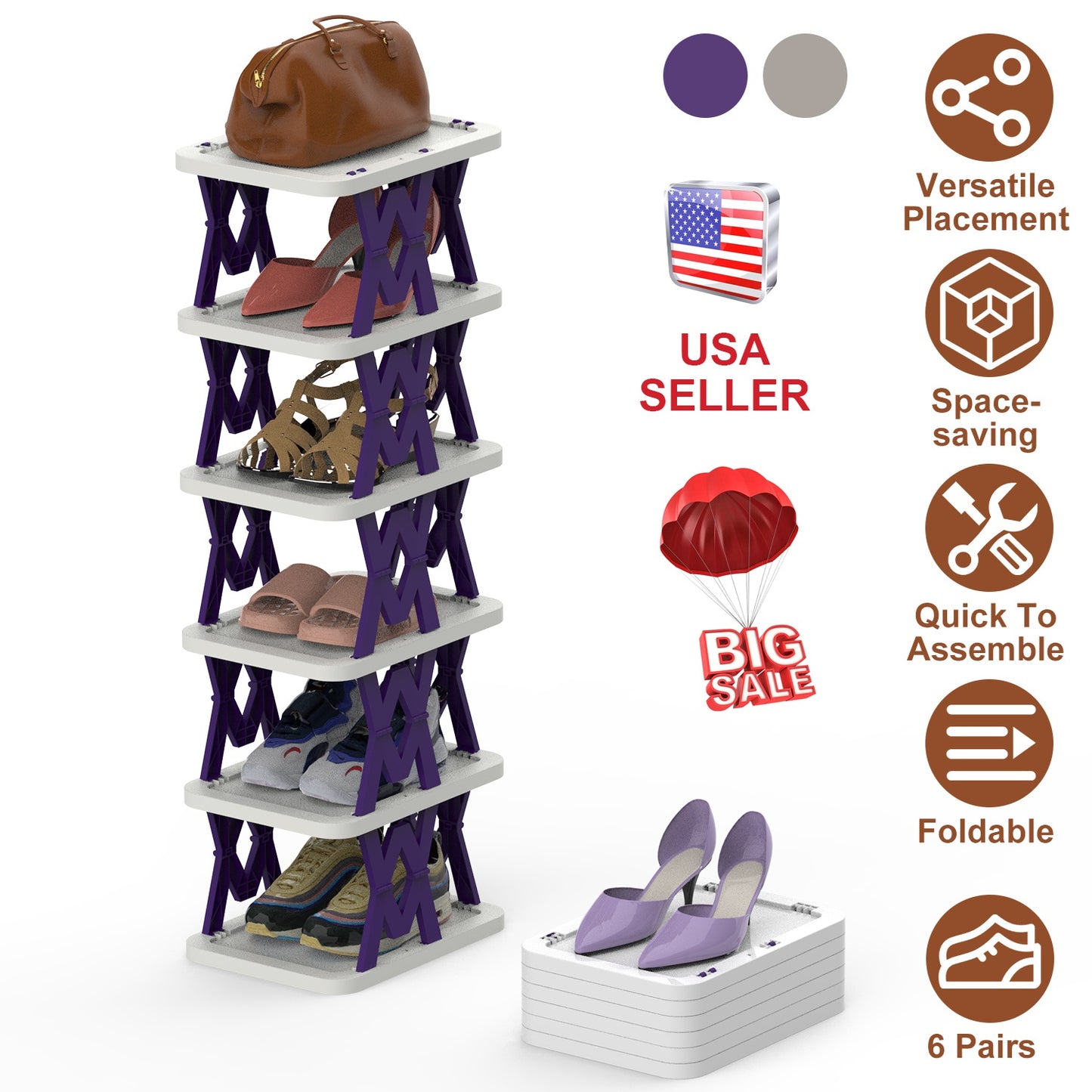 6-Tier Foldable Shoe Rack - Vertical Space Saving Organizer