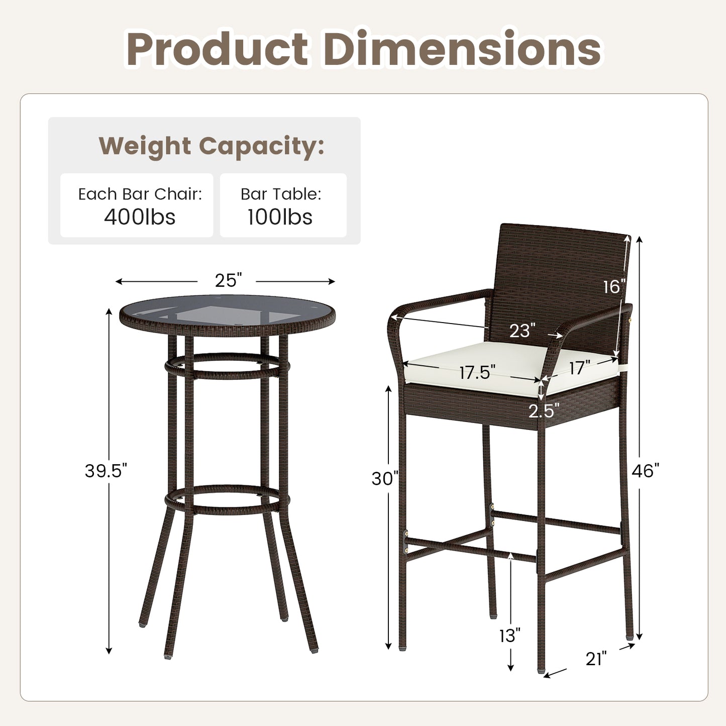 Rattan Bar Height Table and Chairs Set with Cushions
