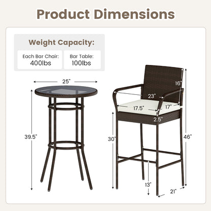 Rattan Bar Height Table and Chairs Set with Cushions