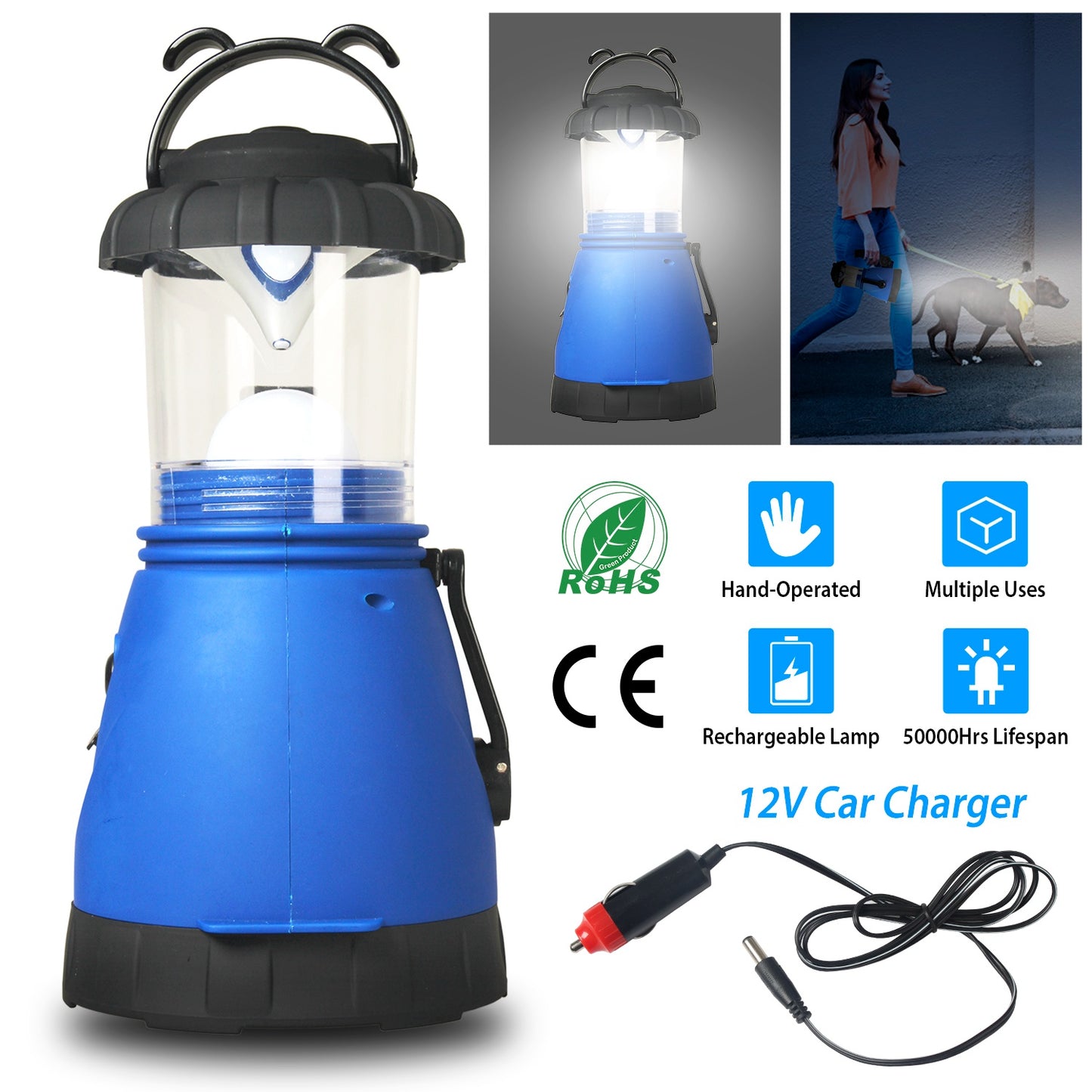 Hand Crank Camping Lantern with Spotlight & Car Charger