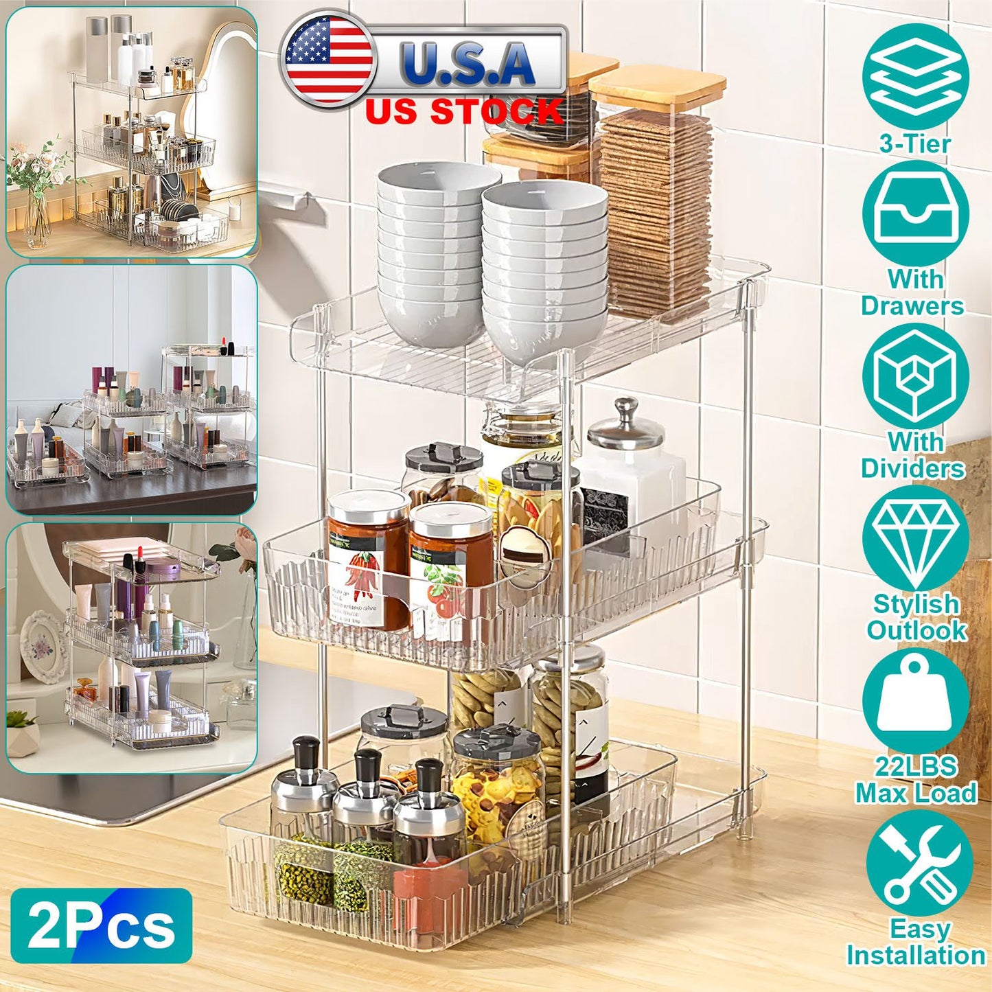 3-Tier Clear Bathroom Organizer with Drawers (2-Pack)