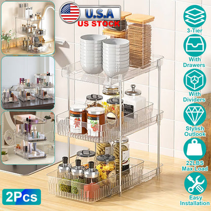 3-Tier Clear Bathroom Organizer with Drawers (2-Pack)