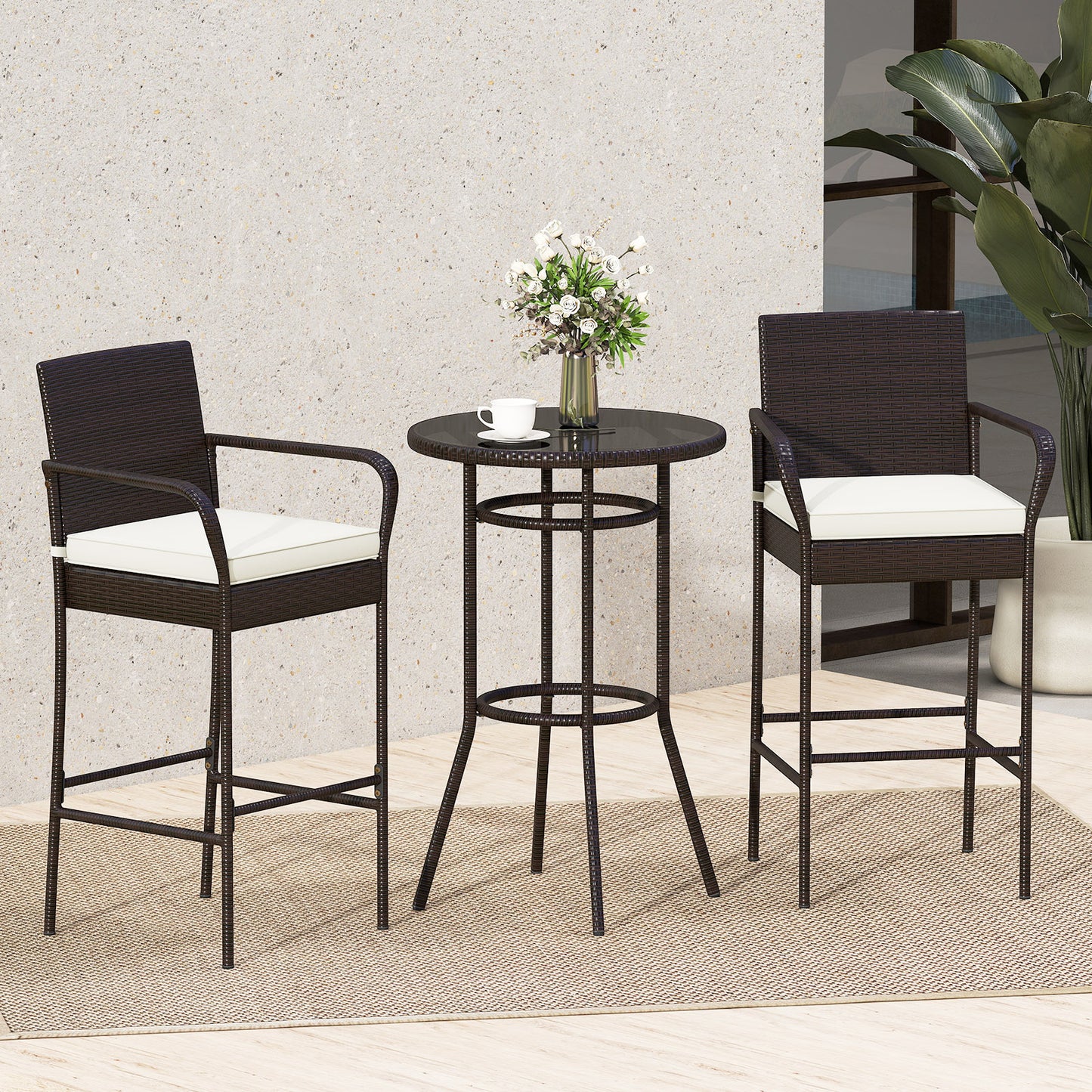 Rattan Bar Height Table and Chairs Set with Cushions