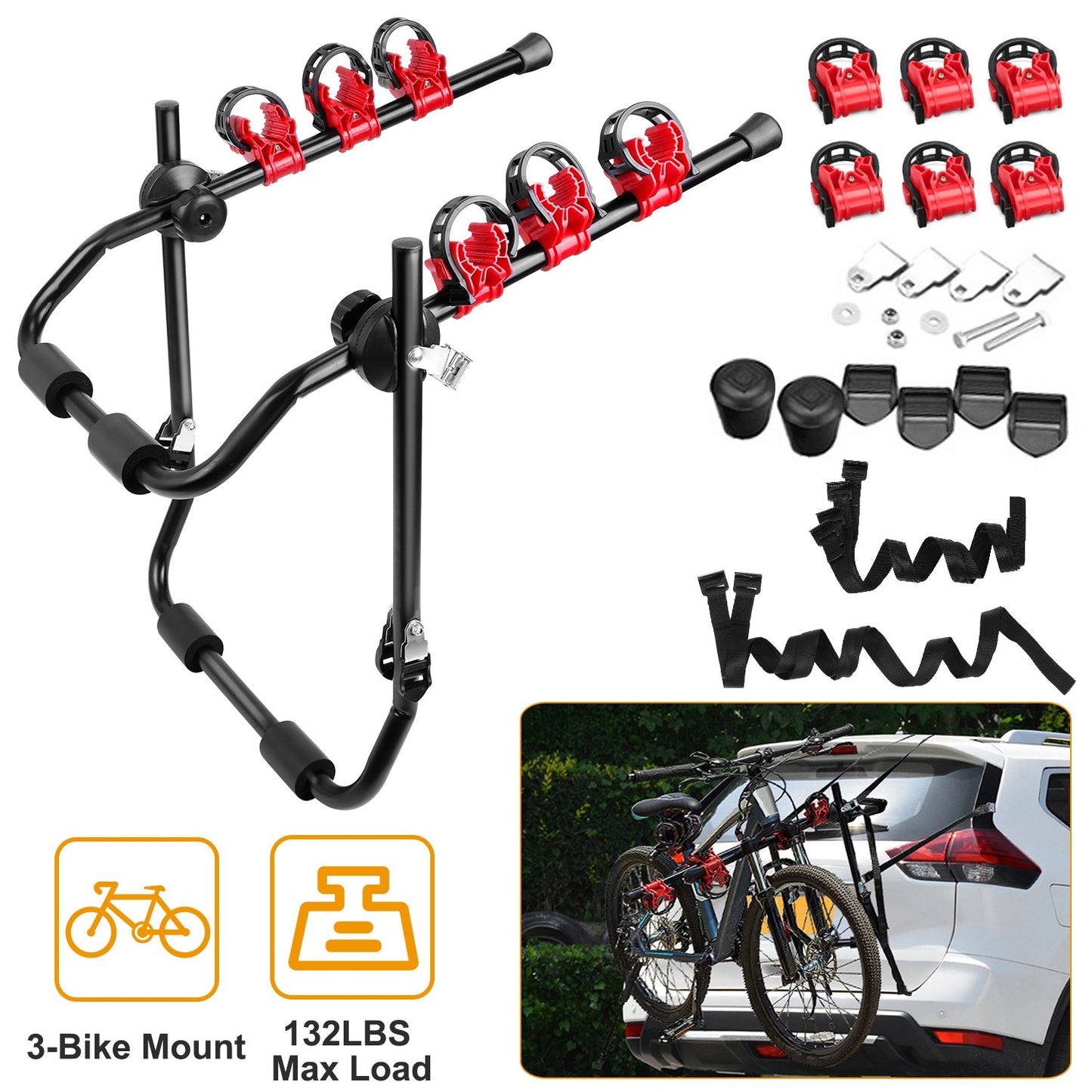 3-Bike Trunk Mount Rack - 132 LBS Capacity