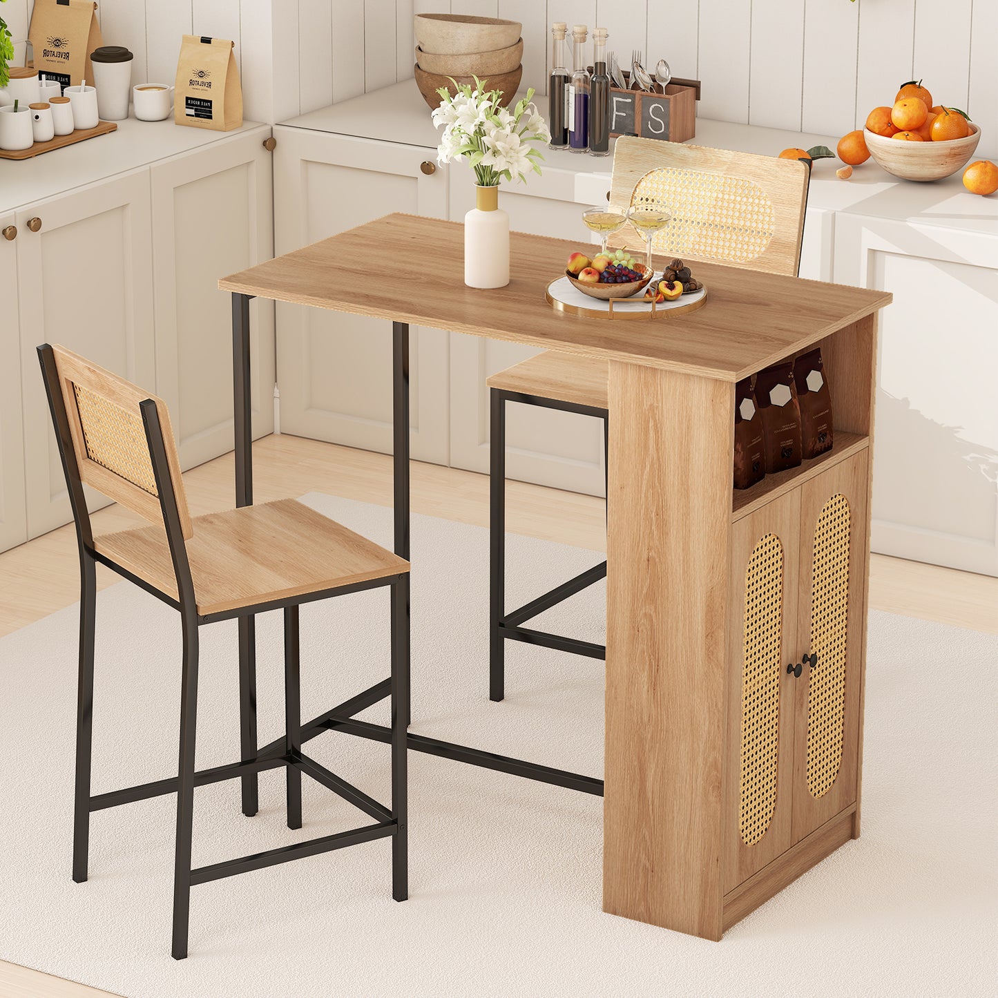 3-Piece Bar Table and Chairs Set with Storage Shelves