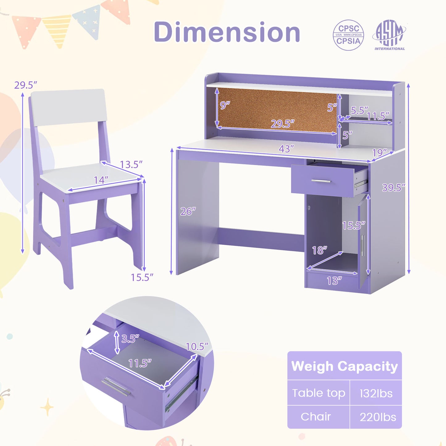 Kids Study Desk and Chair Set with Storage and Bulletin Board