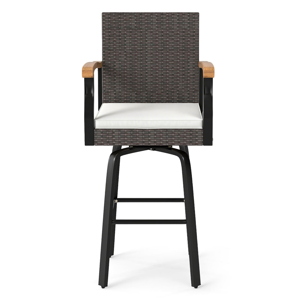 Set of 2 Outdoor 360¬∞ Swivel Bar Stool with Cushion and Acacia Wood Armrests