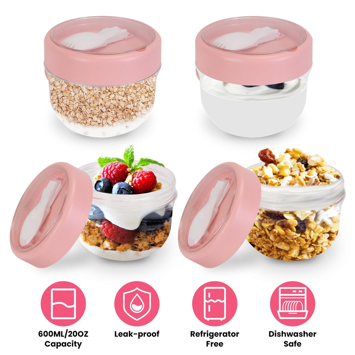 Overnight Oats Containers with Lids and Spoons, 20oz, 4-Pack