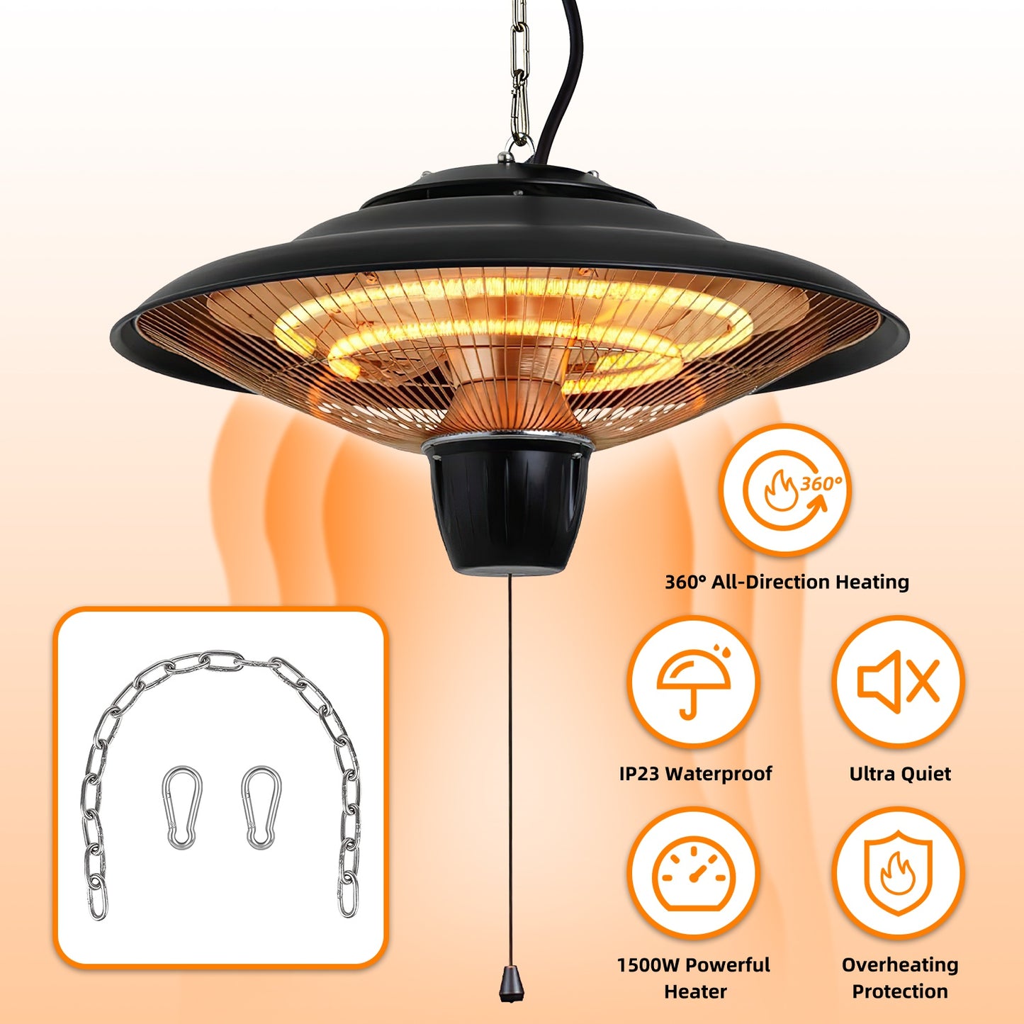1500W Hanging Patio Heater with IP23 Waterproof & 2 Heat Levels