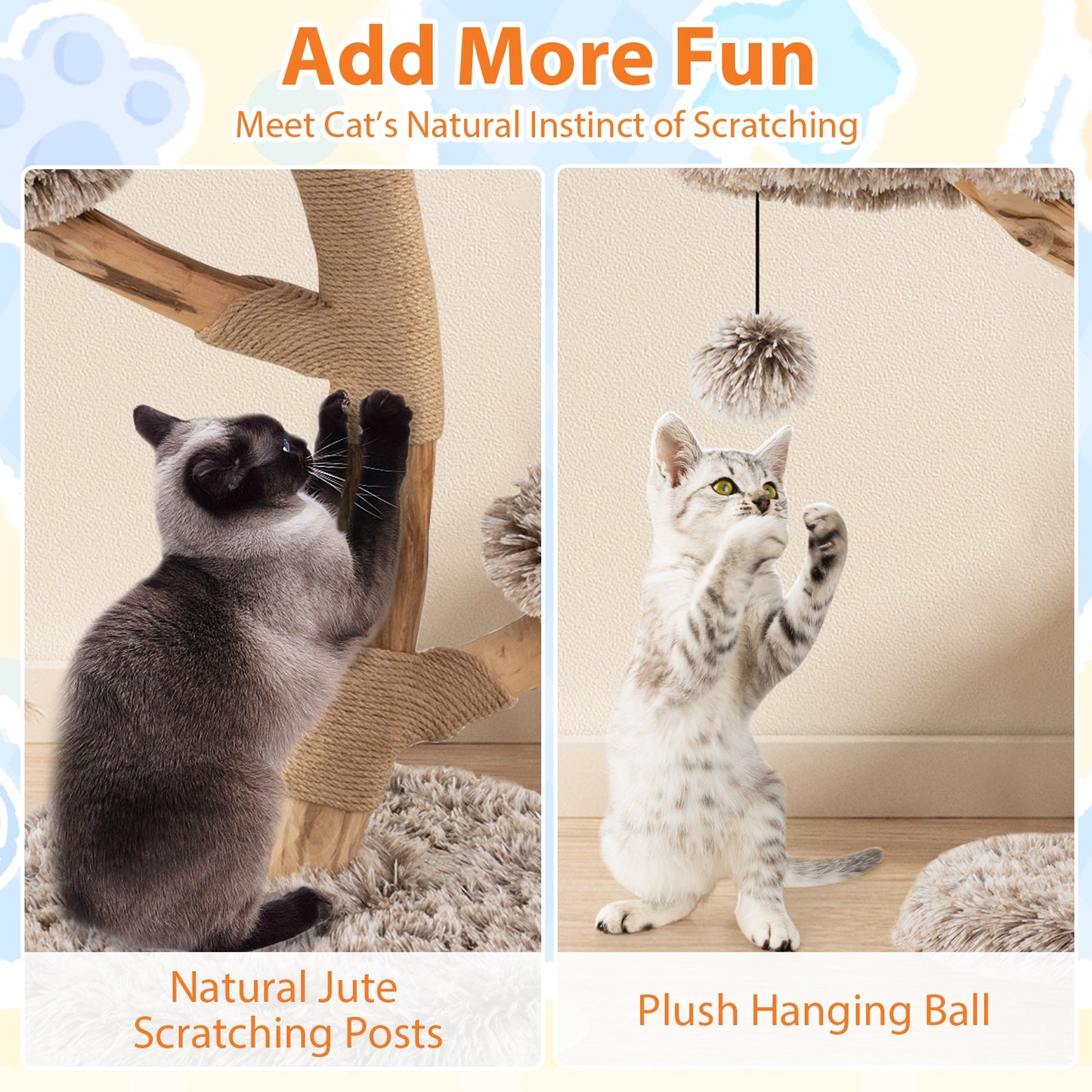 Cat Tree Solid Pear Wood with Perch and Natural Jute Scratching Posts-Brown