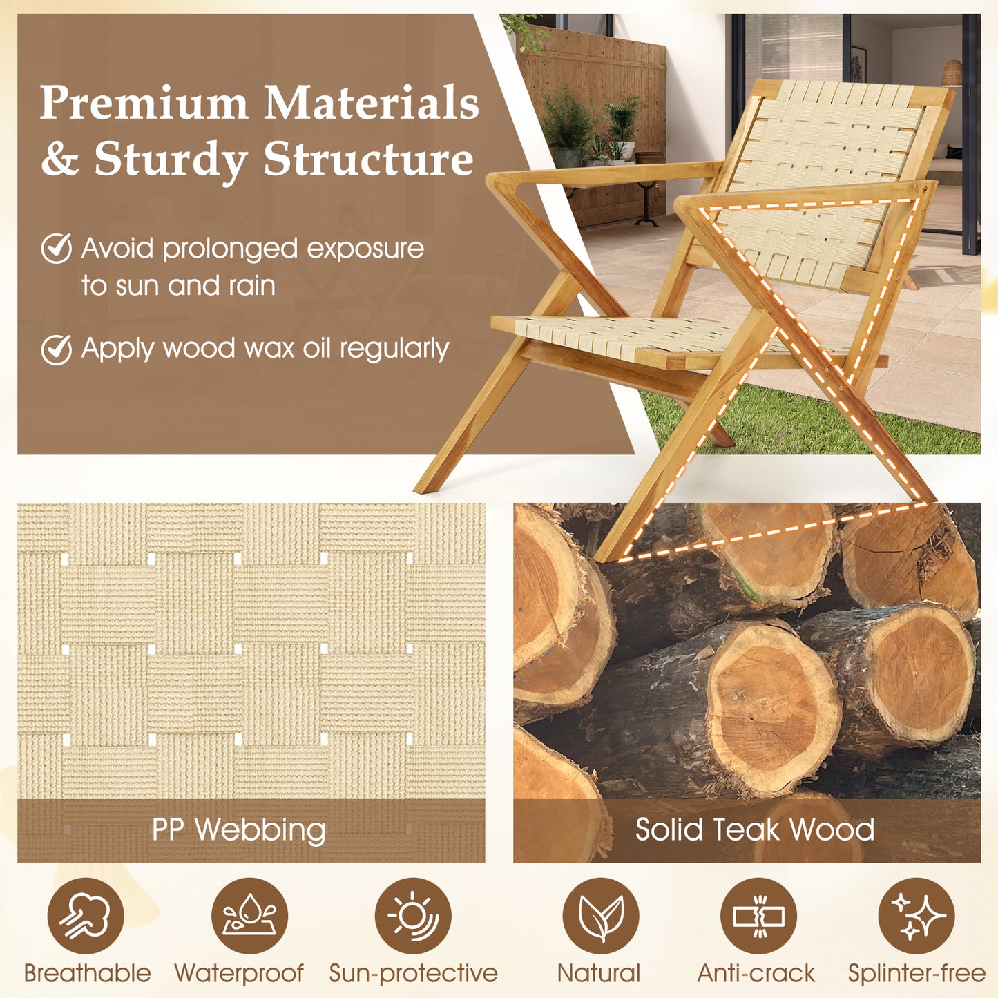 Teak Wood Patio Chair with Webbing Seat and Backrest