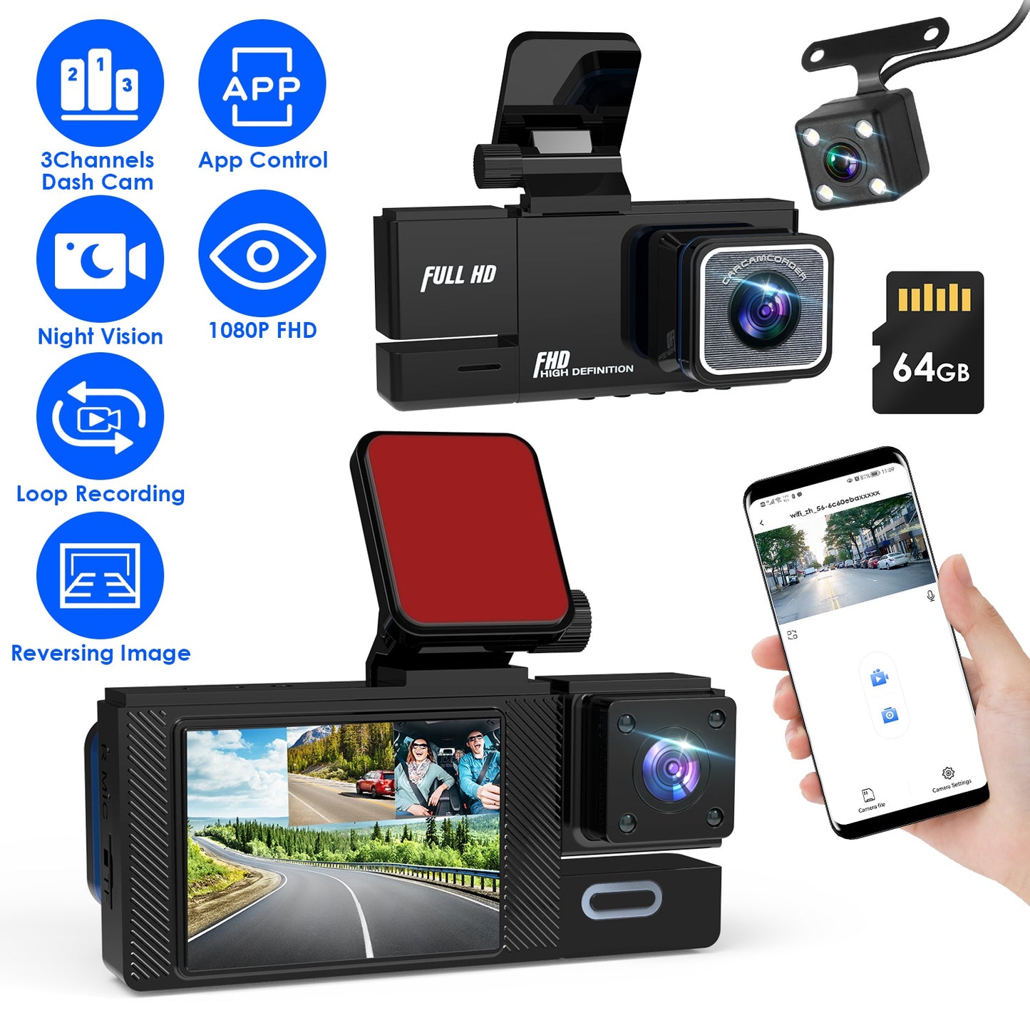 3-Channel Car Dash Cam with WiFi and Night Vision