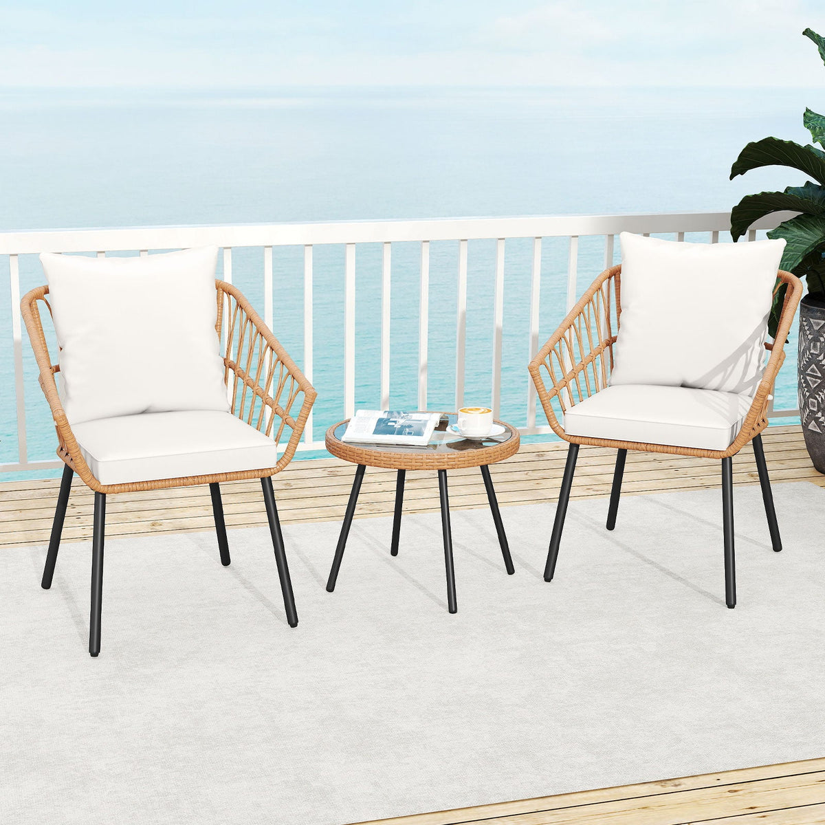 3 Piece Patio Bistro Set with Heavy Duty Metal Frame-Beige