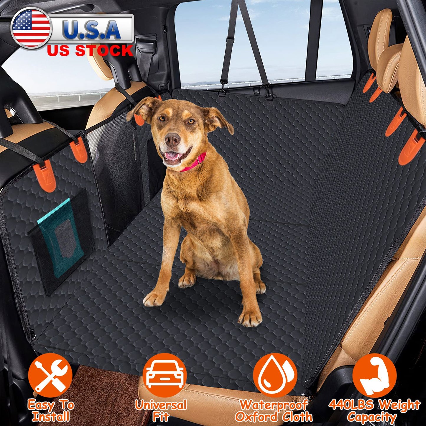 Dog Car Back Seat Cover with Mesh Window & Storage Bags