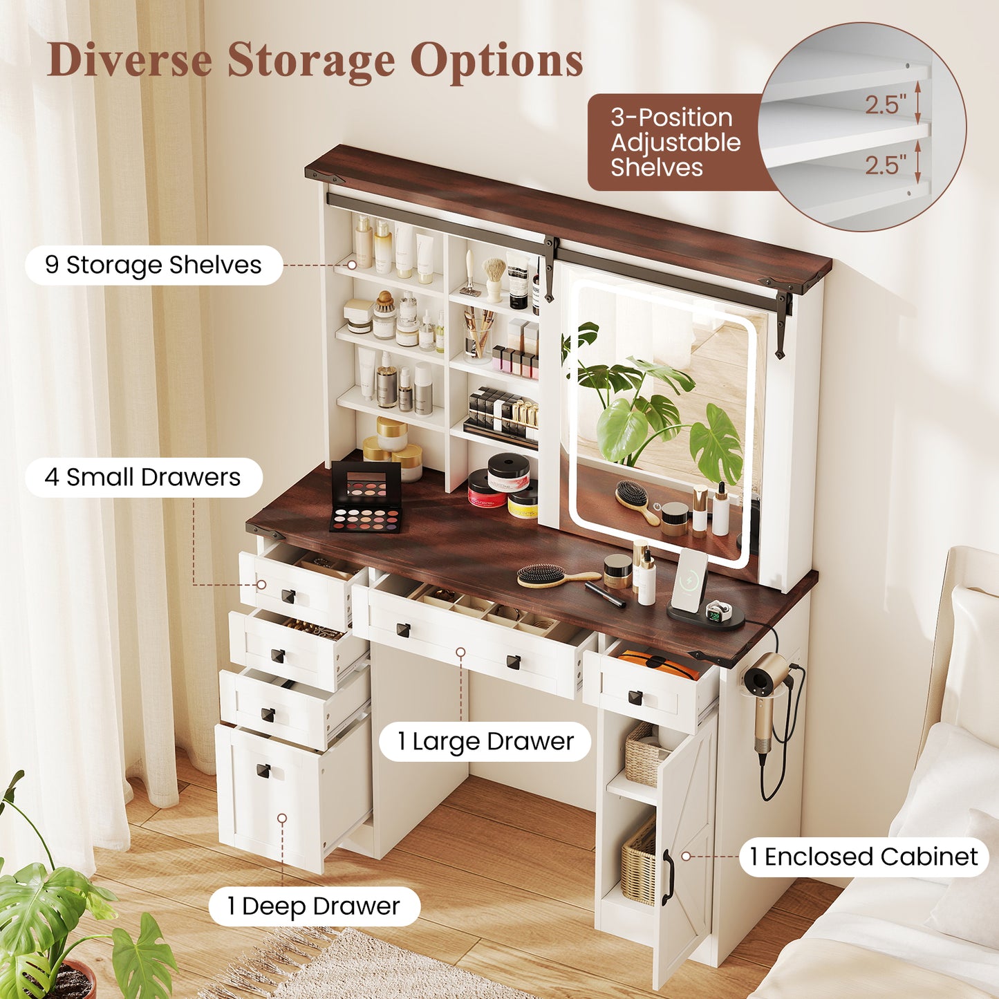 Vanity Desk with Sliding Mirror and 3 Lighting Modes