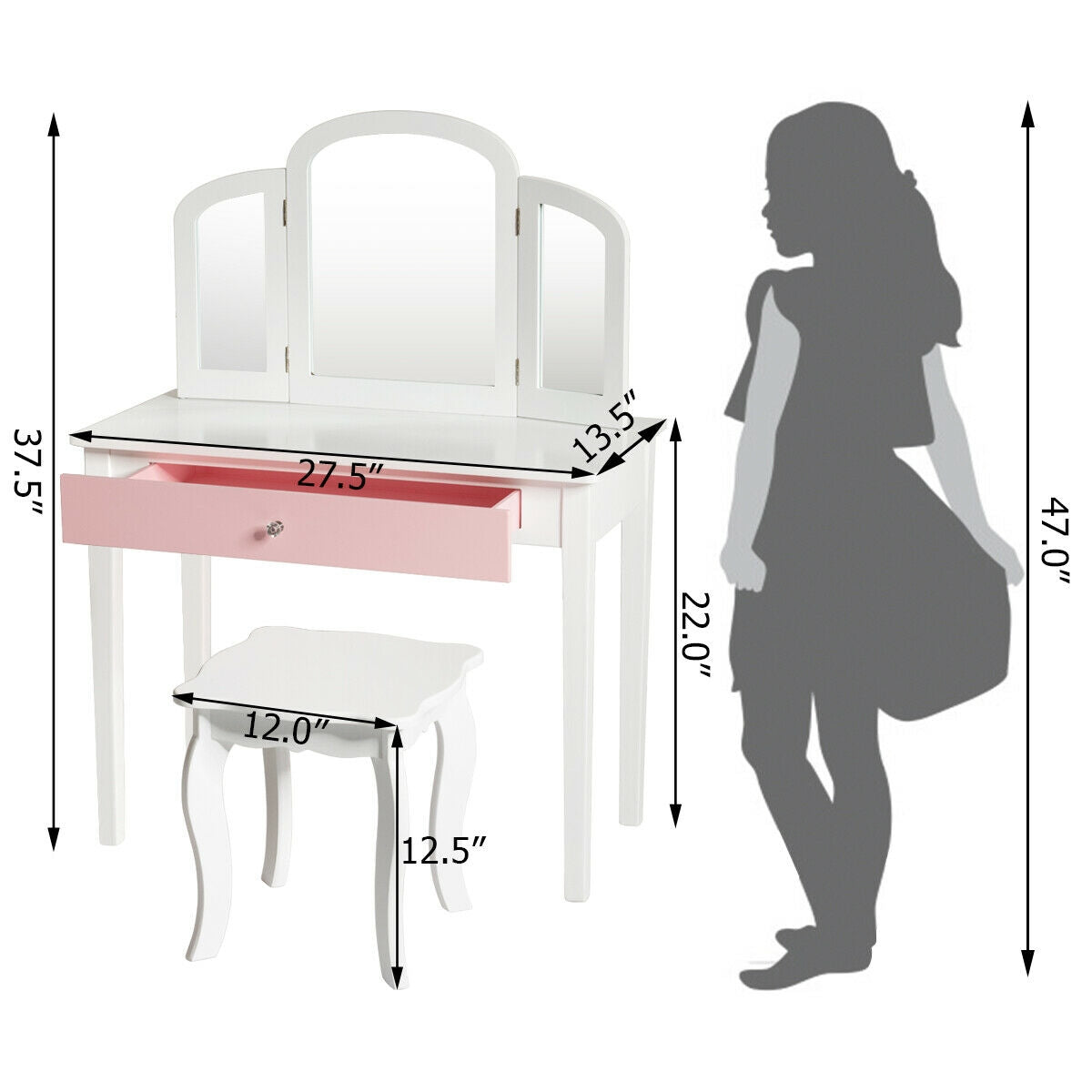 Kids Vanity Table with Tri-Fold Mirror and Chair Set
