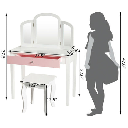 Kids Vanity Table with Tri-Fold Mirror and Chair Set