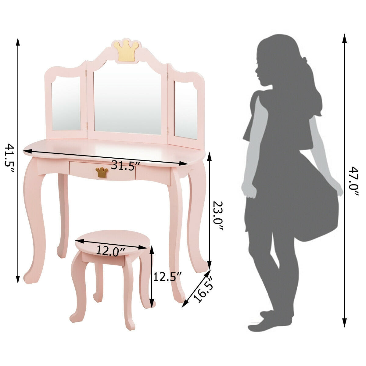 Kids Makeup Vanity Table with Tri-Fold Mirror and Stool