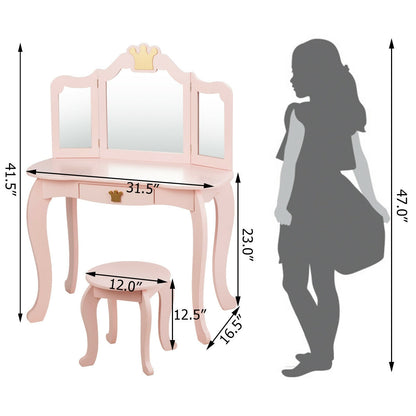 Kids Makeup Vanity Table with Tri-Fold Mirror and Stool
