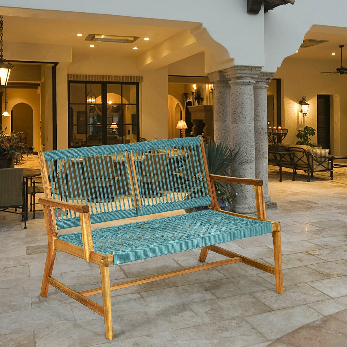 2-Person Acacia Wood Outdoor Bench with Rope Weave